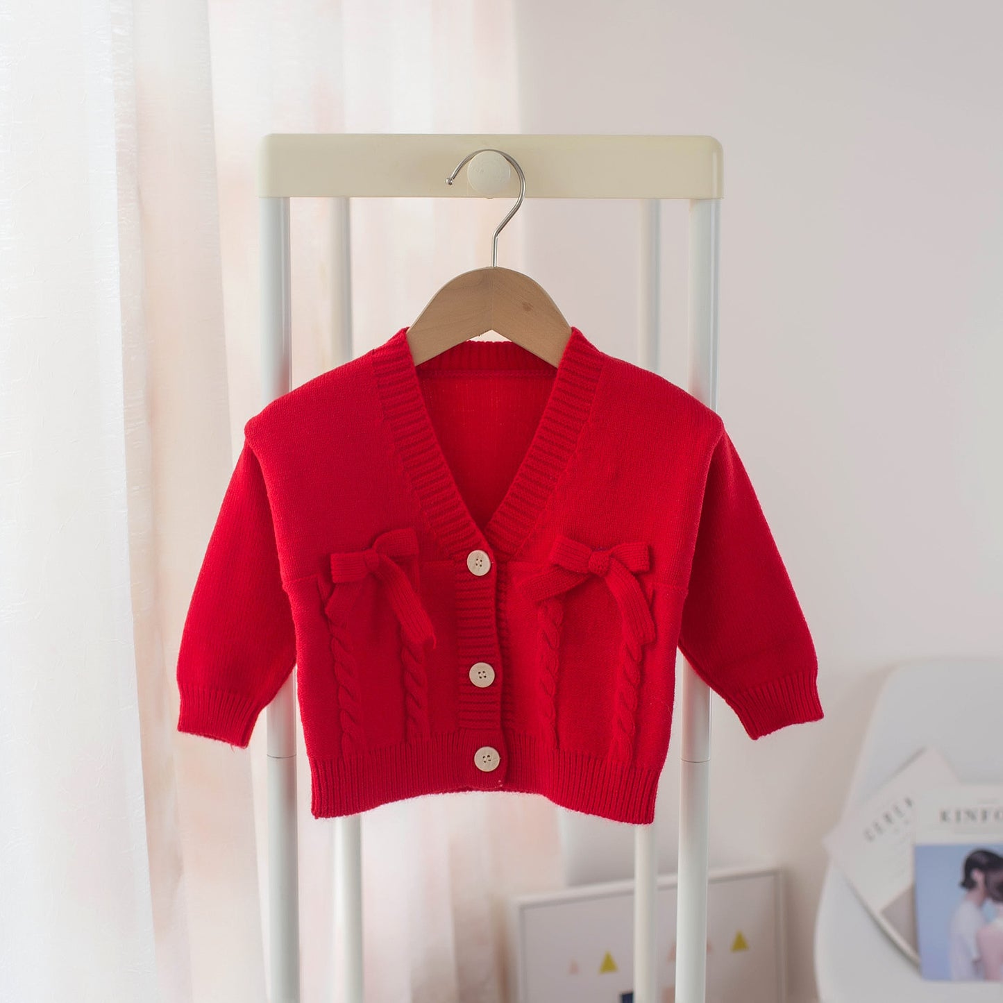 Cardigan à col en V pour filles avec nœud papillon, pull pour enfants