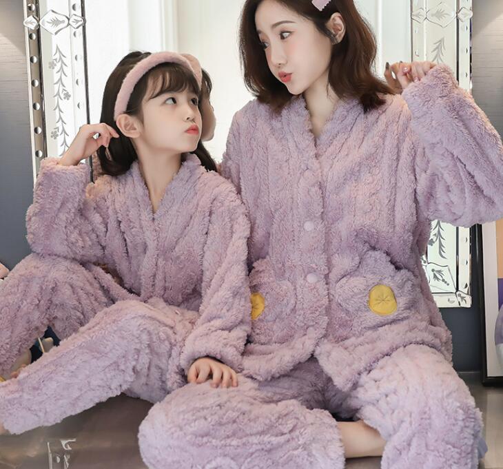 Pyjama en velours corail pour filles, ensemble de vêtements épais pour mère et fille, Parent-enfant