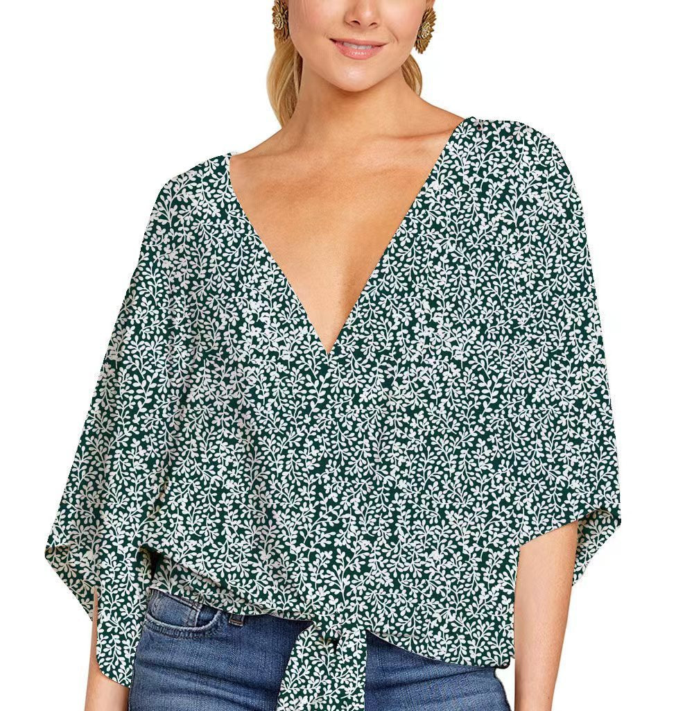 Camisa con cuello en V Top con estampado floral Ropa con estampado anudado de manga corta