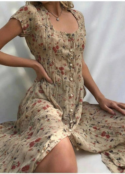 Single-breasted Floral Short-sleeved Dress