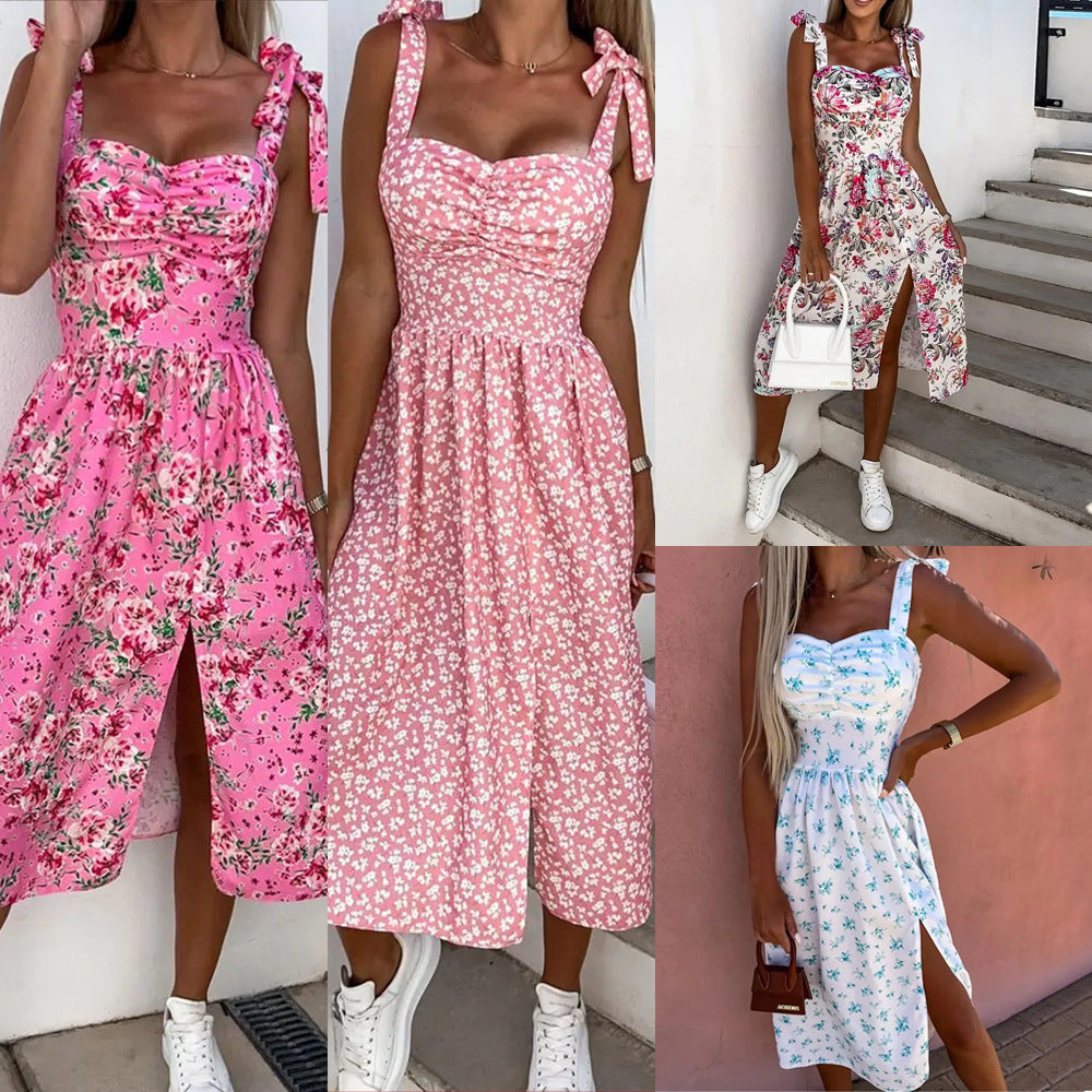 Vestido floral sexy con abertura y tirantes para mujer