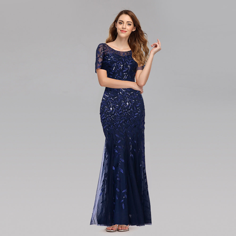 Robe de soirée en gaze à sequins, robe queue de poisson 