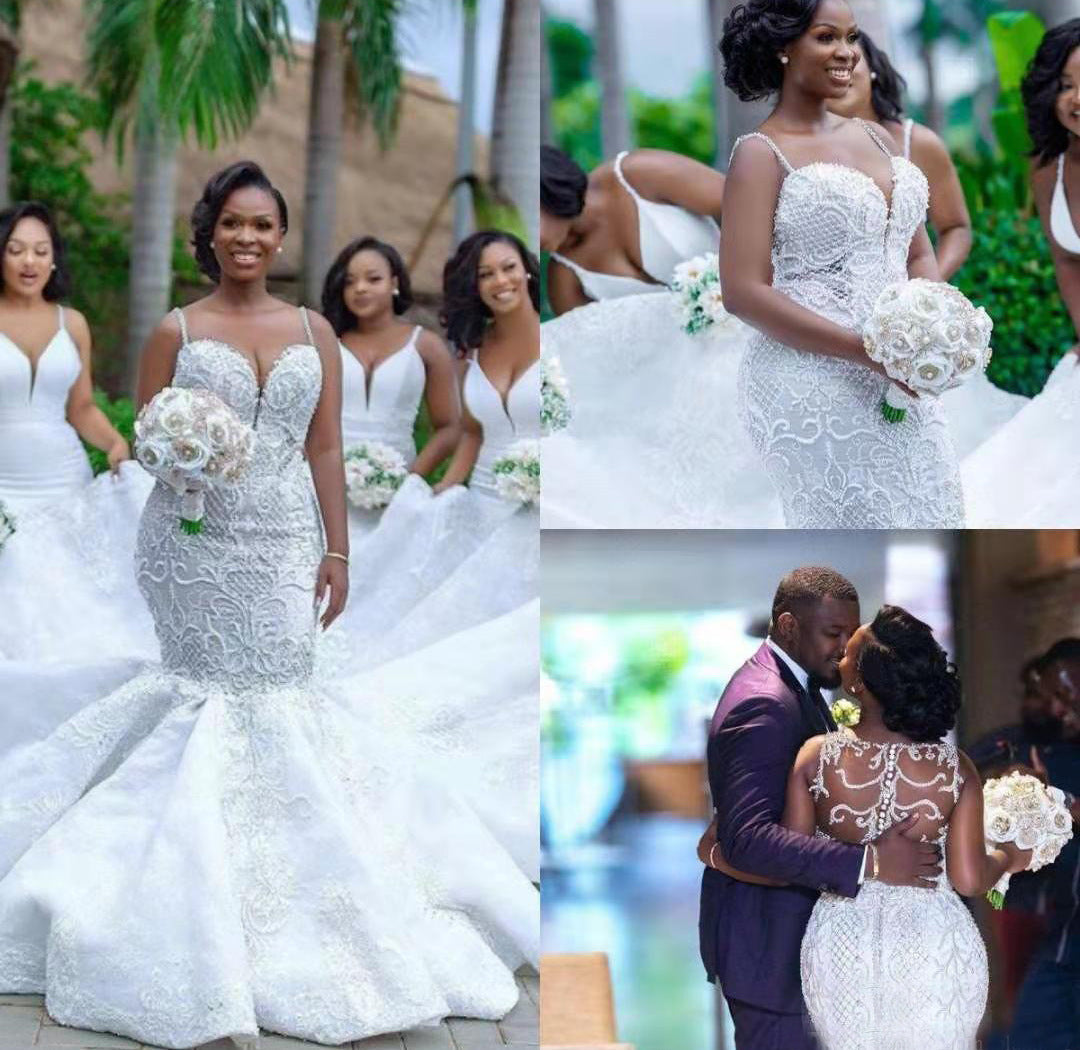 Vestido de novia de encaje con corte de sirena africana