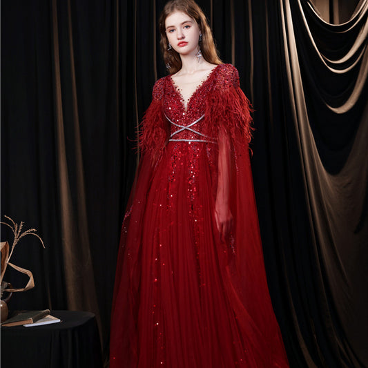 Two-piece Long Feather Shawl Evening Dress