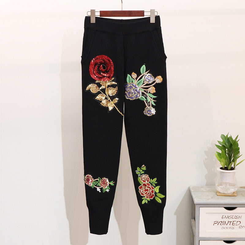 Women's European Station Sequined Flower Long-sleeved Sweater Sweater Skinny Pants Fashion Suit