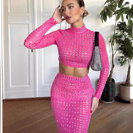 Hot Girl Women's Fashion Rivet Elastic Tight Skirt Suit