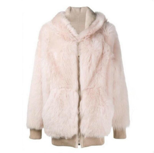 Long hooded fur coat