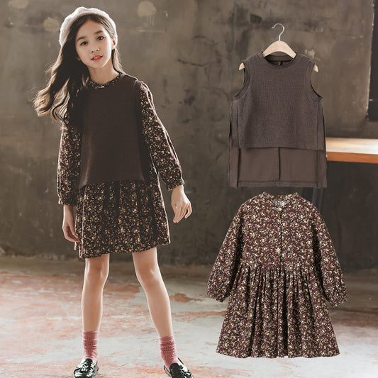 Children's Western Style Suit Skirt Little Girl Long-sleeved Princess Floral Skirt