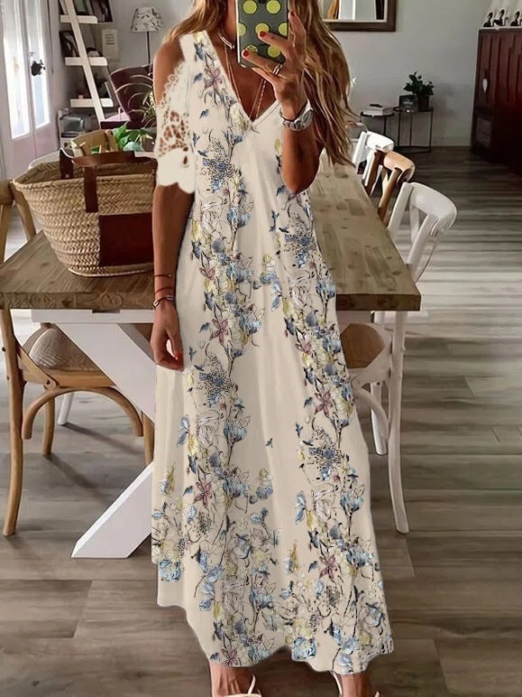 Vestido bohemio estampado floral de manga corta de verano para mujer