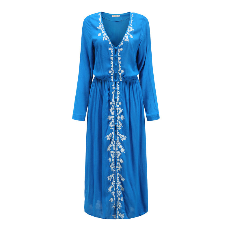 Women's Embroidered Flower V-Neck Long Dress