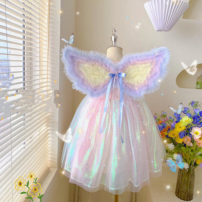 Robe d'anniversaire arc-en-ciel avec ailes pour enfants, jupe en gaze