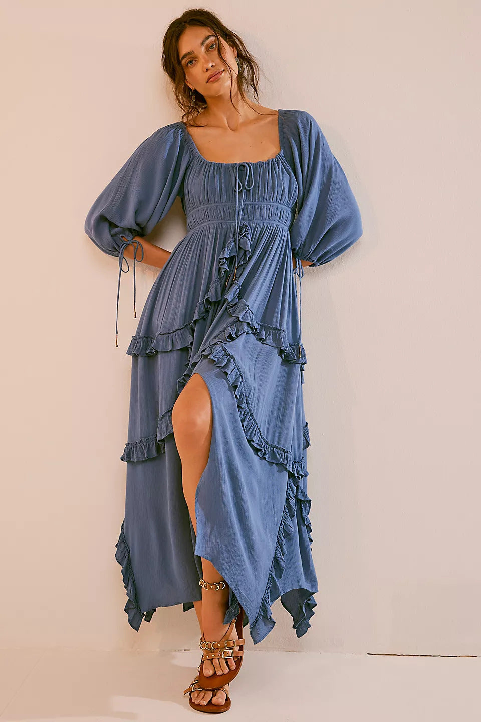 U Collar Ruffled Lace Patchwork Slit Dress