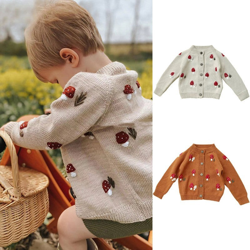 Cardigan tricoté en forme de champignon brodé à la main pour enfants