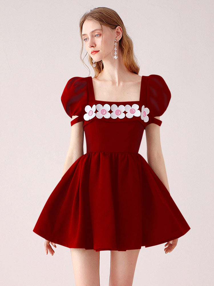 Women's Red Dress Three-dimensional Flower Temperament