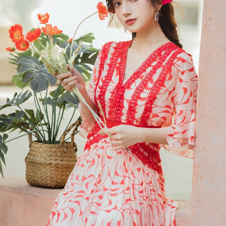 Vestido rojo de gasa floral de viento suave