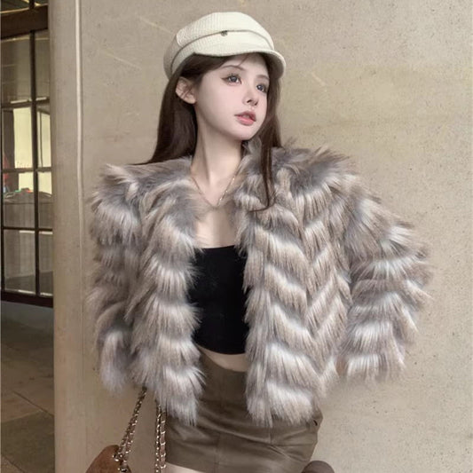 Women's Winter Plush Green Fur Cardigan Jacket