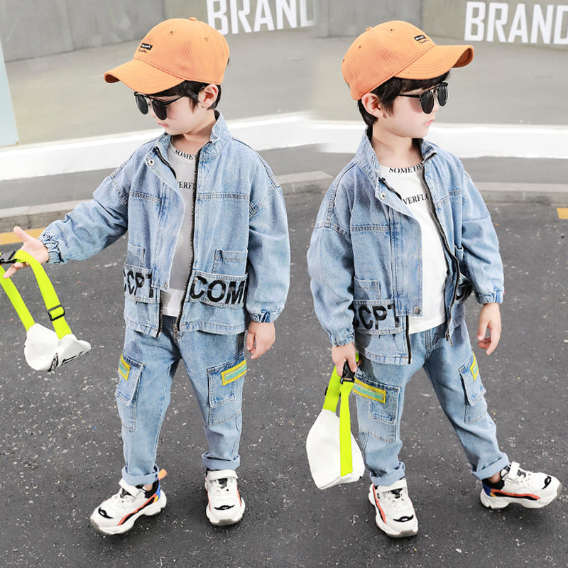 Children's Fashion Letters Denim Casual Suit