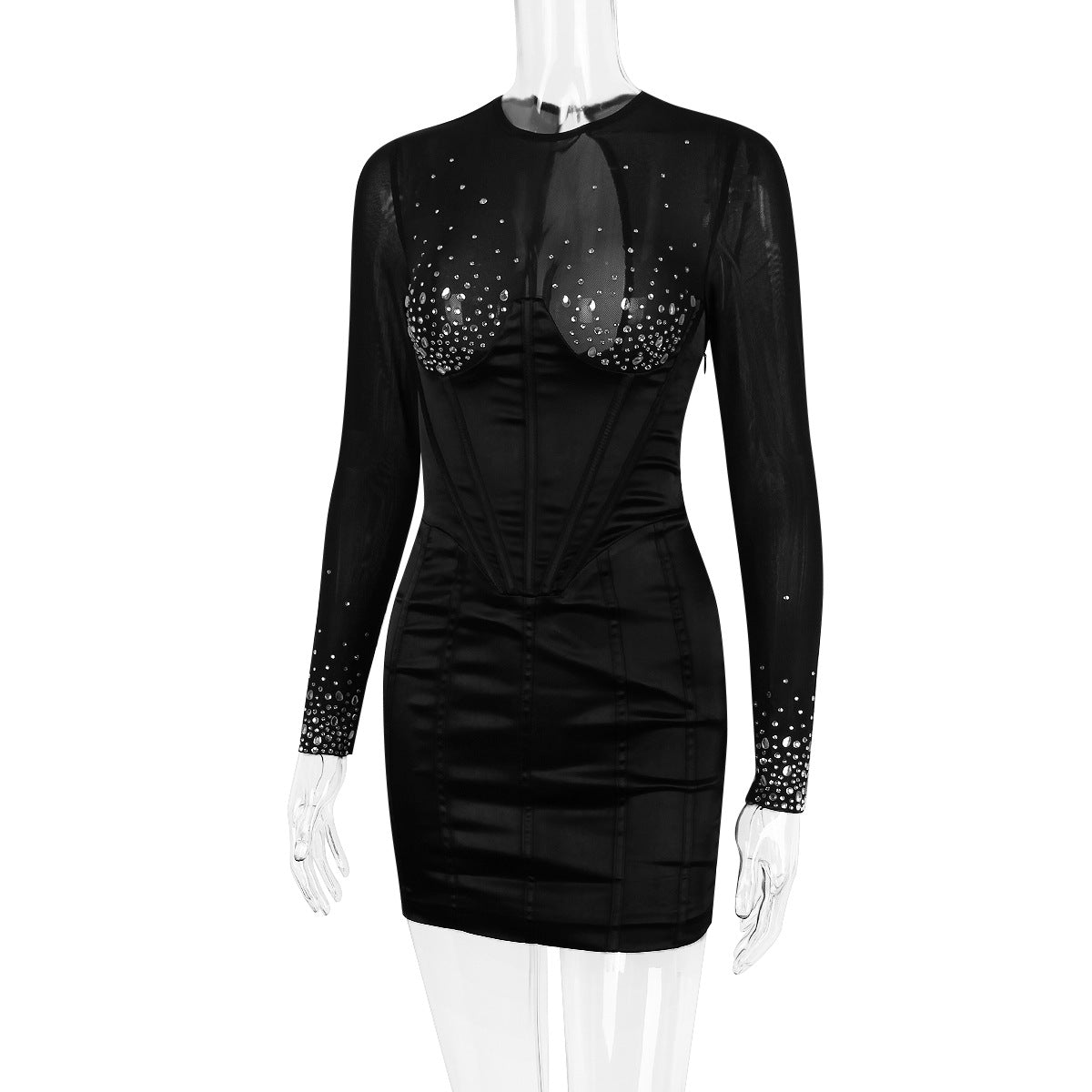 Vestido negro con falda ajustada a la cadera para mujer con diamantes de imitación y espina de pescado