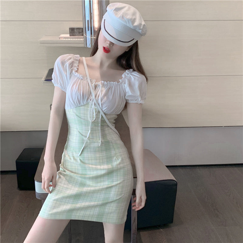 Cute Fungus Edge Tie Design Striped Puff Sleeve Dress