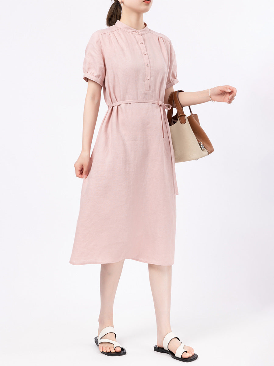 Short Sleeve Linen Dress Women Loose Casual Lace Up Midi Skirt