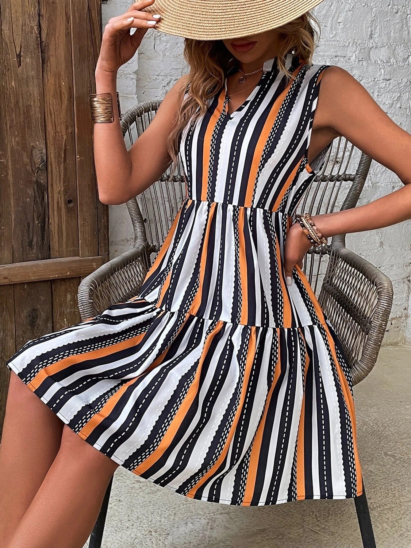 Sleeveless Striped Printed Cute Style Girl's Dress Jumpsuit Skirt