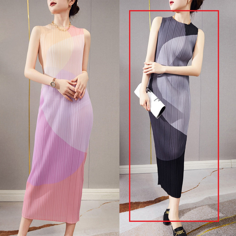 Fashion High-end Pleated Sleeveless Printed Straight Retro Dress