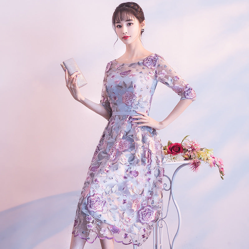 Autumn Rose Flower Host Short Dress Bridesmaid Dress Banquet Evening Dress