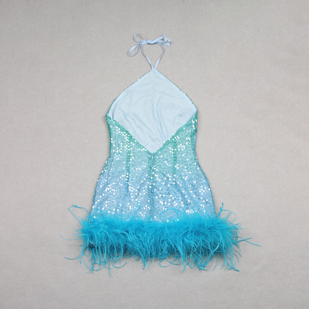 Women's Fashion French Sequined Suspender Feather Dress