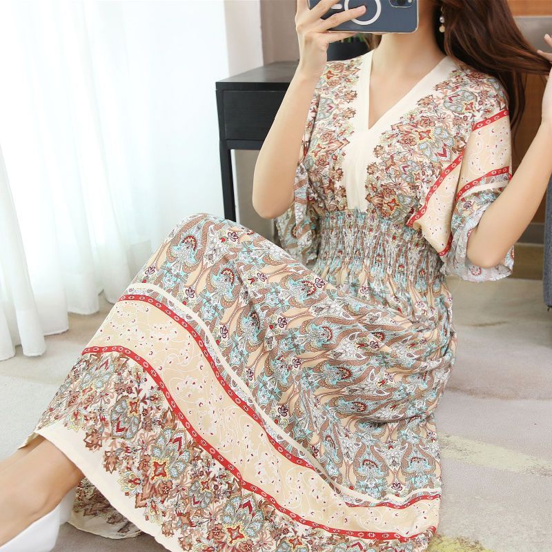 Women's Vintage Printed Cotton Silk Floral Dress