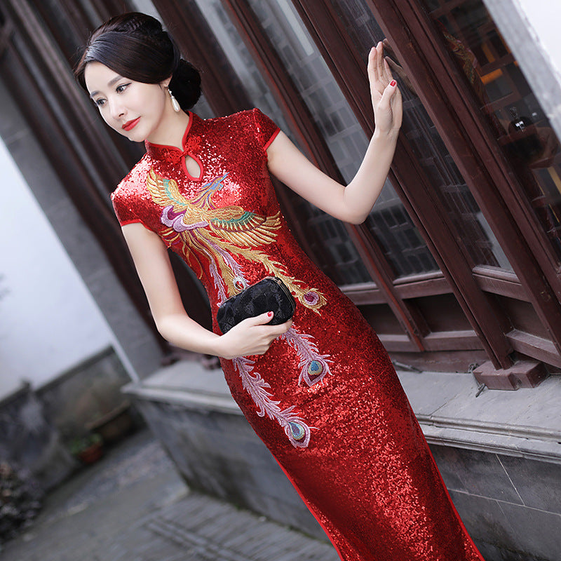 Cheongsam amélioré automne hiver rouge mariage mère vêtements à manches courtes fendu Phoenix Style ethnique robe