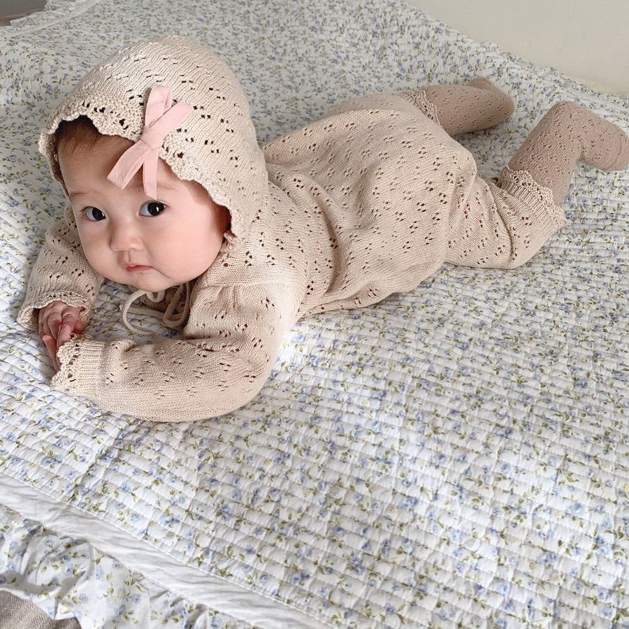 Knitted Hollow Jumpsuit Baby Girl Lace Long-sleeved Romper With Hat