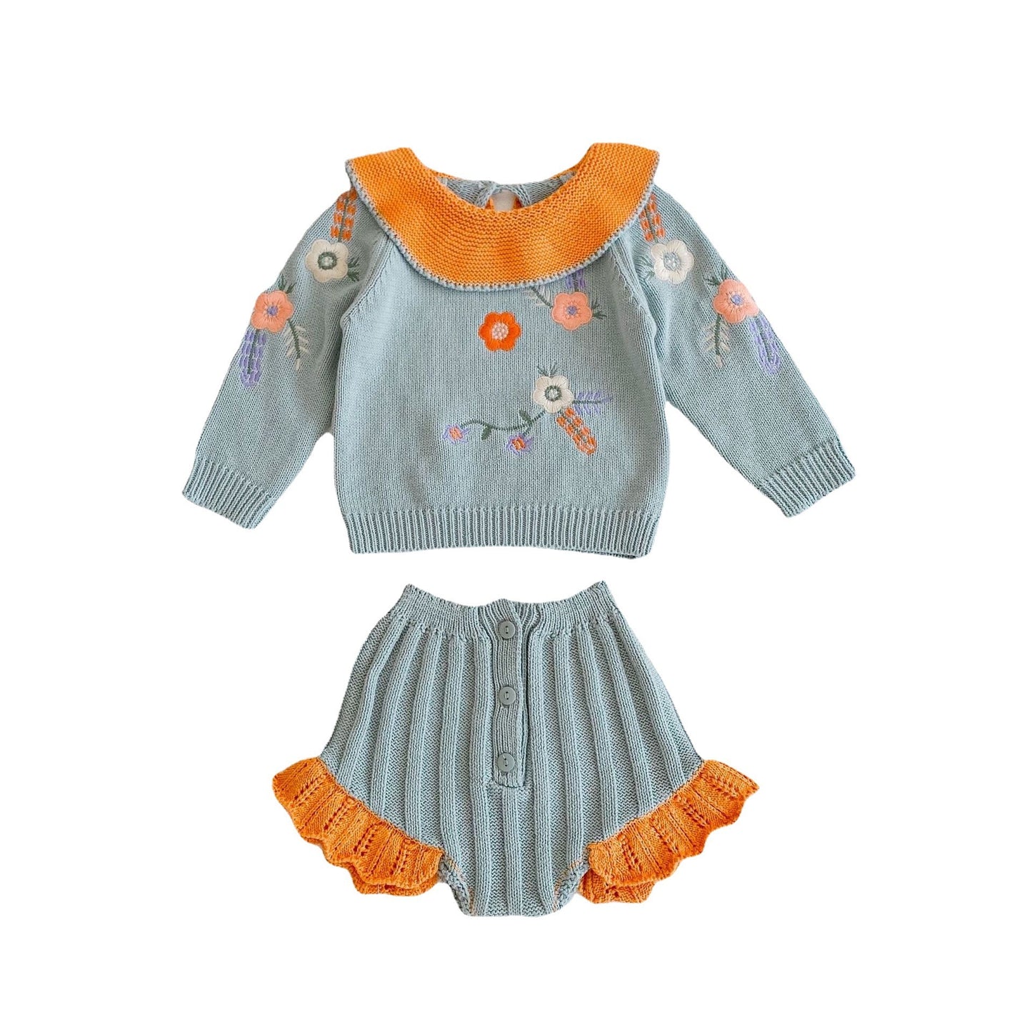 Infant Girl Knit Suit Embroidered Lotus Leaf Collar