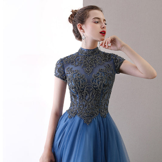 Temperament Socialite Fairy Air Bladed Blue Stand-up Collar Evening Dress