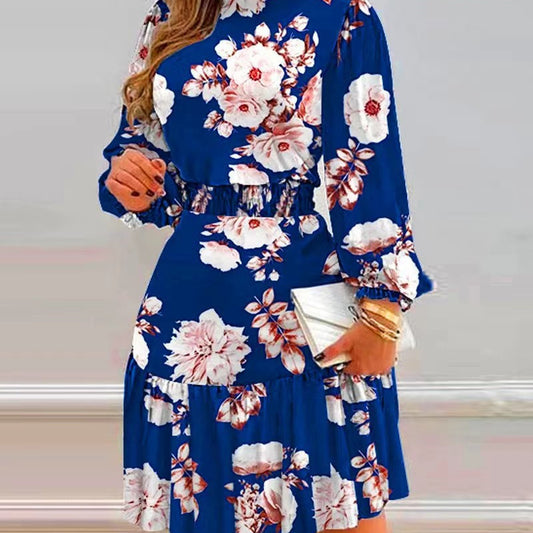 Vestido con estampado floral y cuello pila de temperamento a la moda para mujer