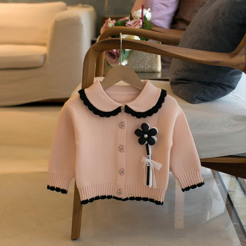 Children's Sweater Girls Small Flower Round Neck Cardigan