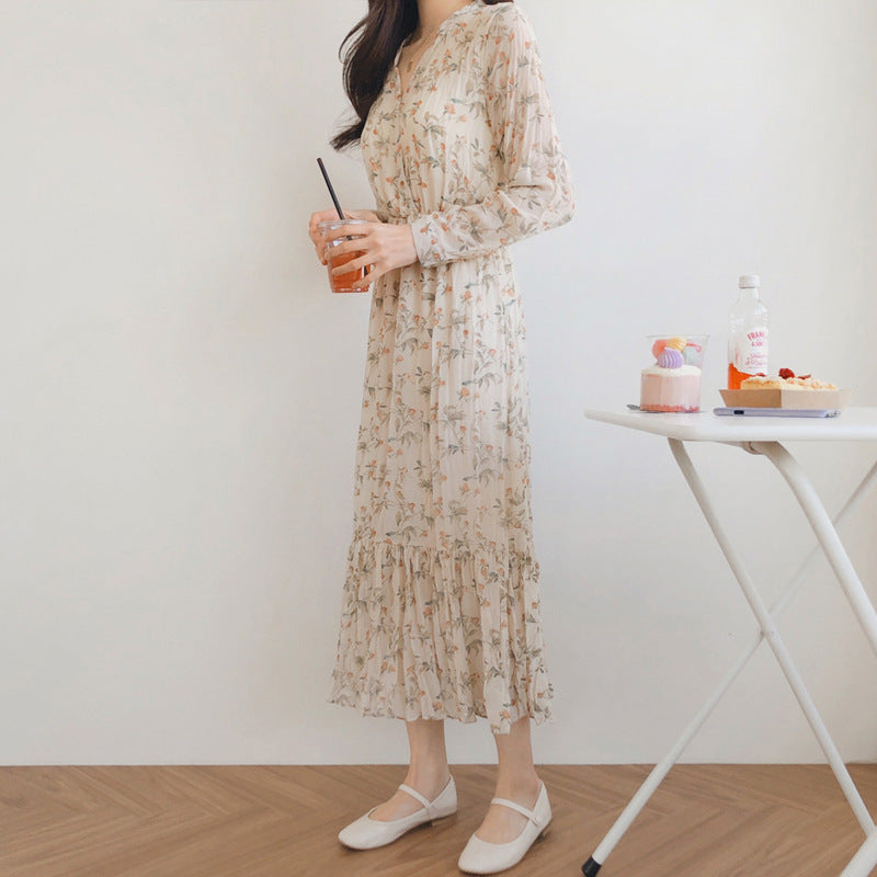 V-neck floral chiffon dress