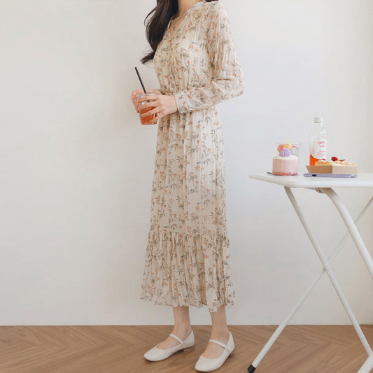 V-neck floral chiffon dress