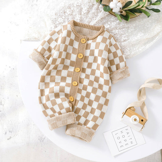 Ins New Chessboard Baby One-piece Garment Thousand Bird Pattern Knitting