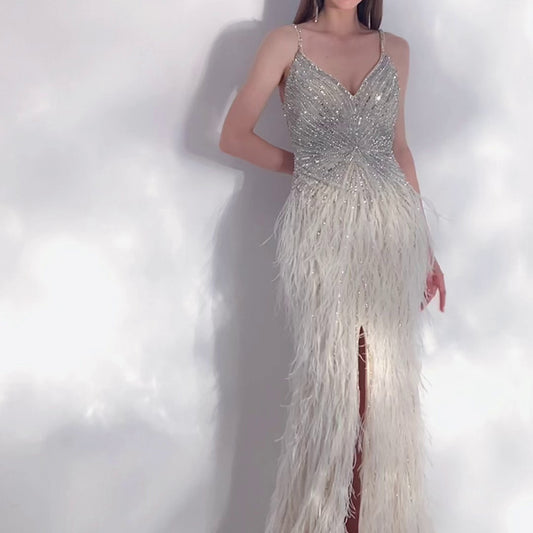 Robe de soirée haut de gamme pour femmes, tempérament de plumes