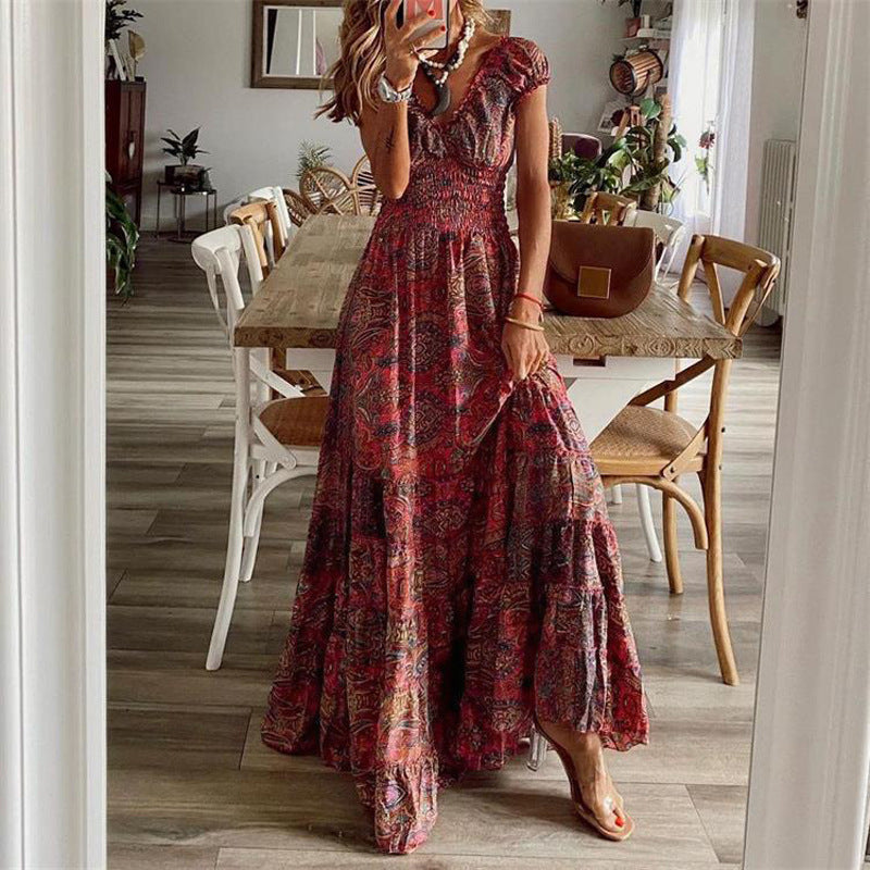 Waist Floral Print Large Hem Dress