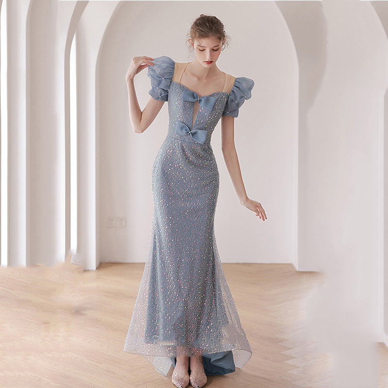 Blue Host Dress With Beaded Shoulders