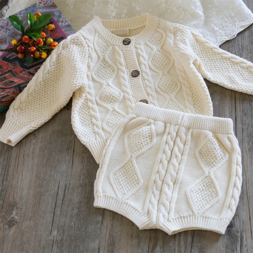 Boys And Girls Baby Twist Knit Sweater Cardigan And Shorts Suit Baby Two-piece Suit