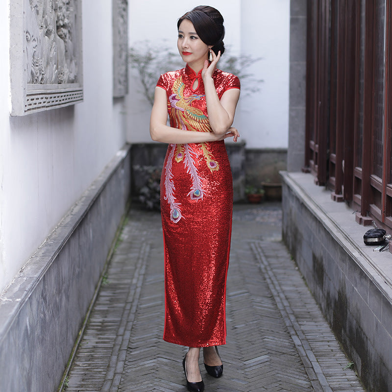 Cheongsam amélioré automne hiver rouge mariage mère vêtements à manches courtes fendu Phoenix Style ethnique robe