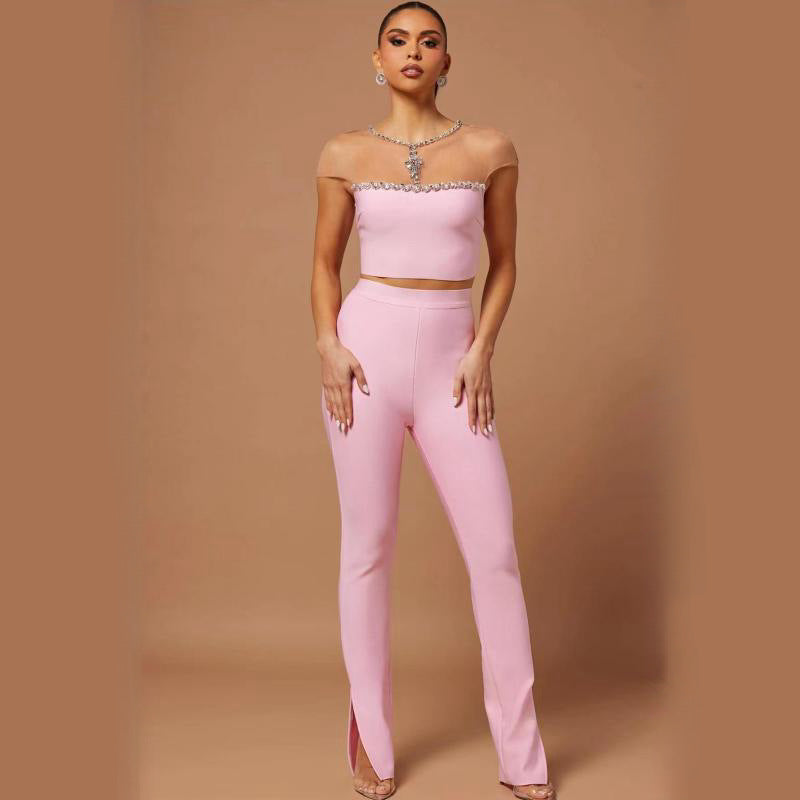 Rhinestone Top Skinny Pants Fashion Casual Sweet Midriff Outfit Bandage Suit