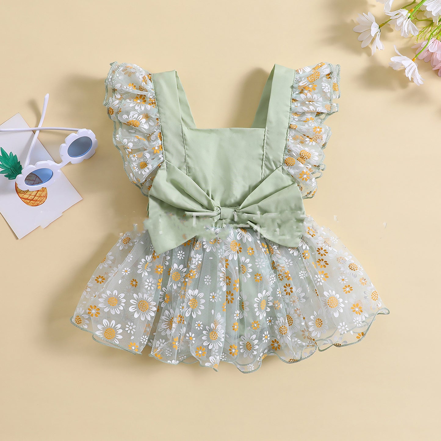 Vestido floral de manga con volantes de malla simple para niña de verano