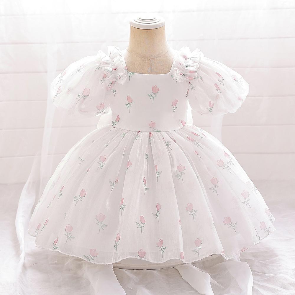 Children's Floral Skirt Little Girl Bow Puff Sleeve Dress