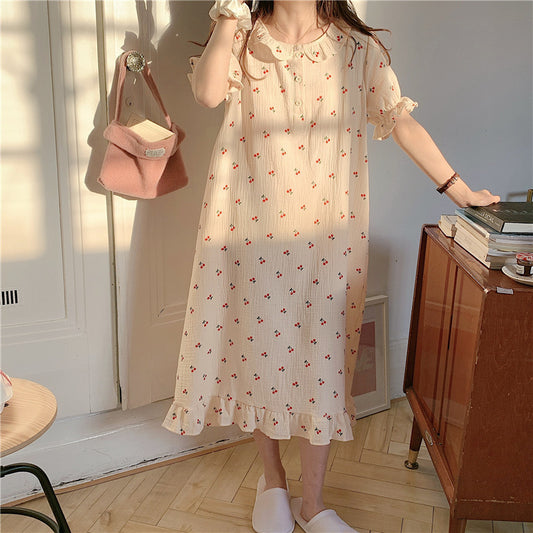 Cute Little Cherry Casual Loungewear Dress Doll Collar Nightdress