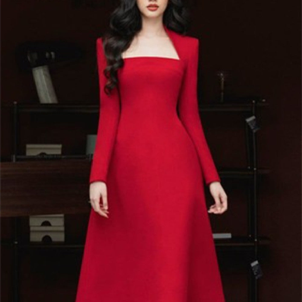 Women's Fashion Red Long-sleeved Dress