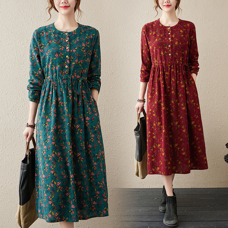 Artistic Vintage Floral Cotton And Linen Long-sleeved Dress