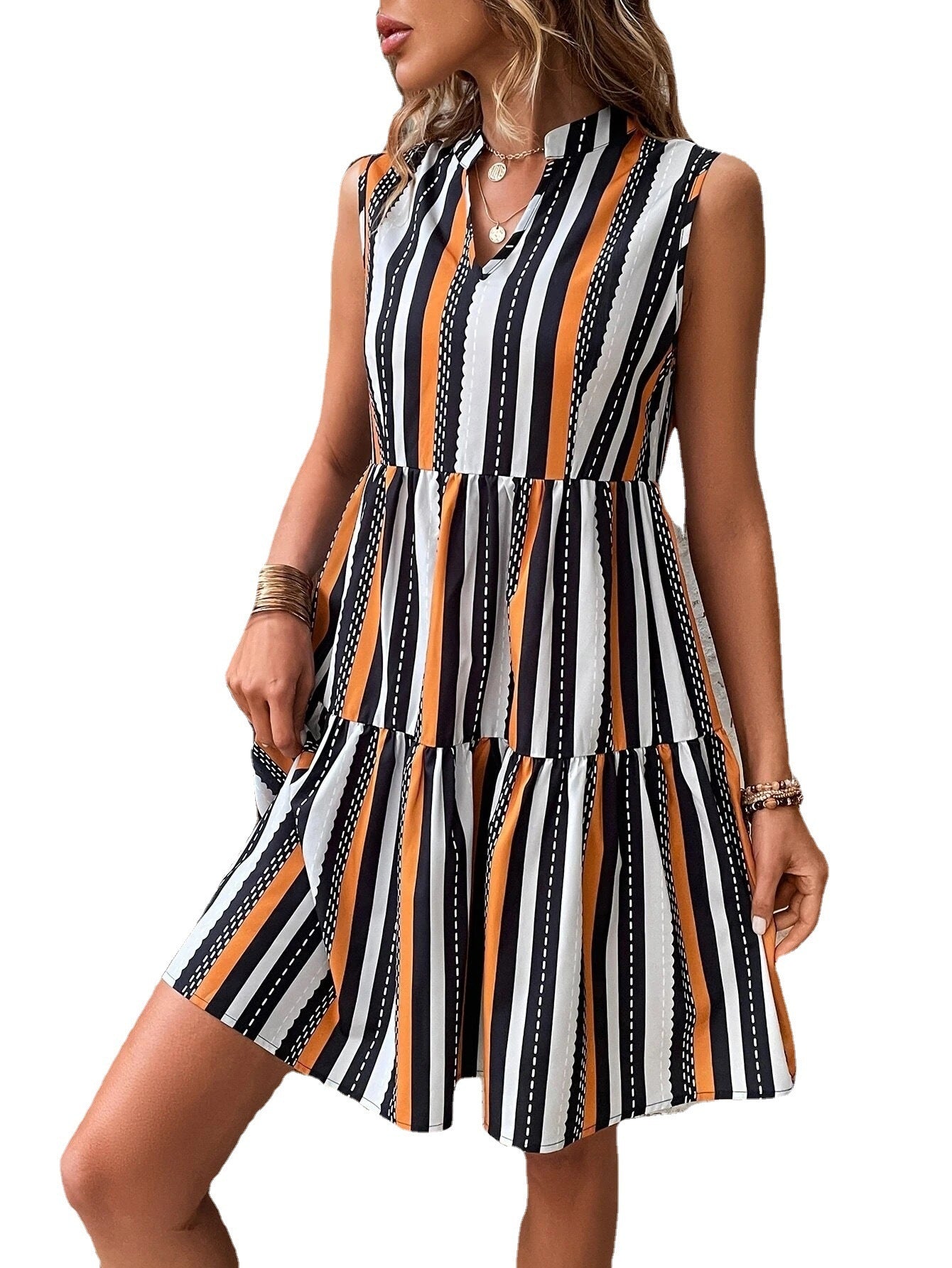 Sleeveless Striped Printed Cute Style Girl's Dress Jumpsuit Skirt